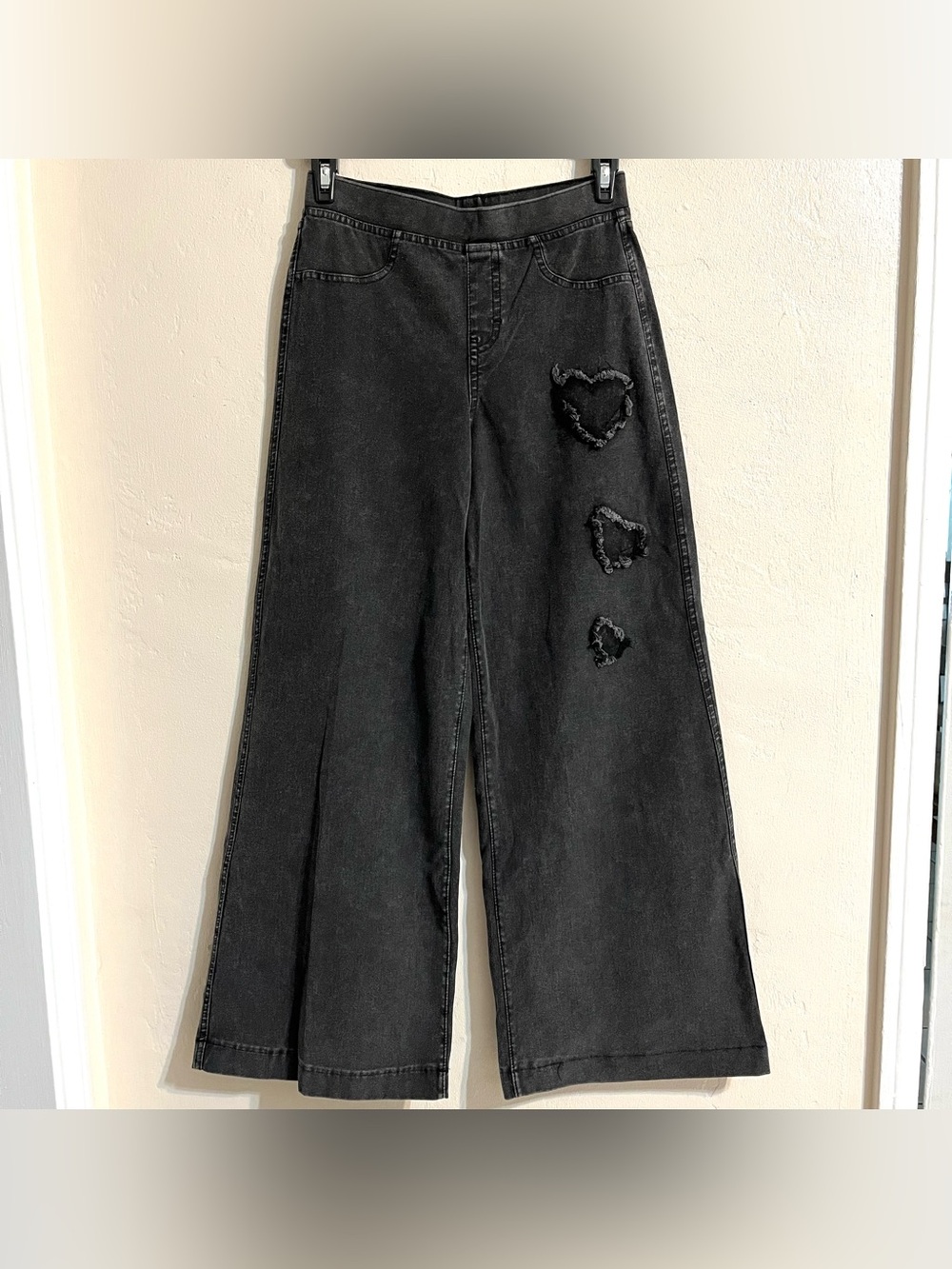 Wide Leg Black Stretch Jeans Heart Distress Detail lightweight Pull On Girls